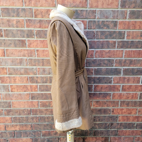 Vtg Bonders Calender Cloth Brown Faux Fur Lined Belted Coat USA No Size, - Picture 5 of 15